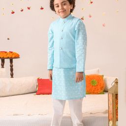 Pspeaches Full Sleeves All Over Flower Motif Printed Kurta With Shimmer Lines Designed Jacket & Pyjama - Blue-image-81