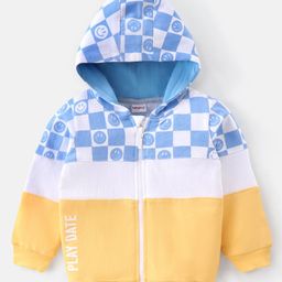 Babyhug Full Sleeves Cut & Sew Hooded Sweat Jacket With Happy Face Graphics - Yellow  & Blue-image-2