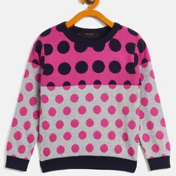 RVK Full Sleeves Polka Dots Printed Colour Blocked Cotton Pullover - Rani Pink-picture-22