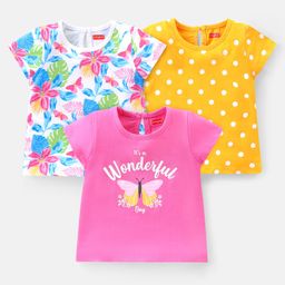 Babyhug 100% Cotton Knit Half Sleeves Top with Floral Graphics Pack of 3 - Multicolor-image-63