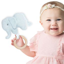 Baby Moo Elephant Wooden Teething Ring Soft Knitted Rattle - Blue-13