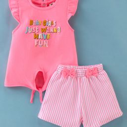 ToffyHouse 100%  Cotton Knit Frill Sleeves Top & Shorts Set with Bow & Knot Detailing Text Print - Pink-picture-9