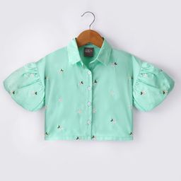 Little Kangaroos Half Sleeves Shirt Styled Top with Flower Embroidery - Pista Green-image-48