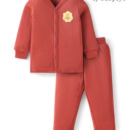 Babyoye Cotton Knit Full Sleeves Thermal Vest & Pant Set With Lion Patch - Red-image-49