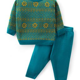 Babyhug Knitted Full Sleeves Pullover   Sweater Set with Intarsia Design - Teal Blue-image-85