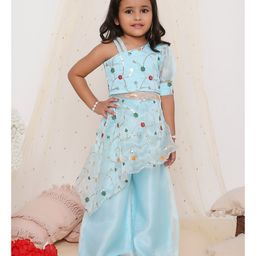 KID1 Organza One Shoulder Sleeves Floral Embroidered & Sequins Embellished Top Palazzo Set - Sky Blue-image-83