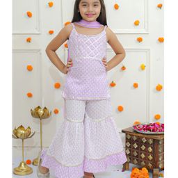 Ka-mee Cotton Sleeveless Floral Printed Kurta Sharara With Dupatta - Lavender-image-11