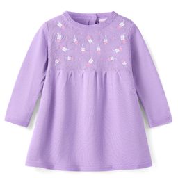 Babyhug Knitted Full Sleeves Pullover Woollen Dress With Floral Embroidery - Lilac-image-98