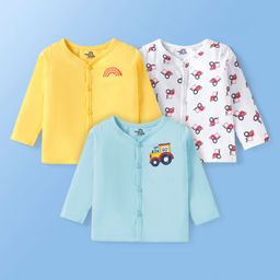 Doodle Poodle Single Jersey Knit Full Sleeves Front Open Jhablas With Vehicle Print Pack of 3 - Yellow White & Light Blue-image-23