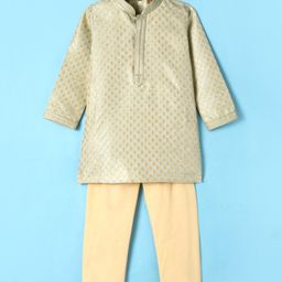 Robo Fry Silk Woven Full Sleeves Kurta Pyjama Set with Chateau Brocade Pattern - Olive Green-picture-12