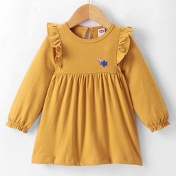 Zero Sinker Knit Full Sleeves Frock with Placement Floral Embroidery & Frill Detailing - Mustard-image-53