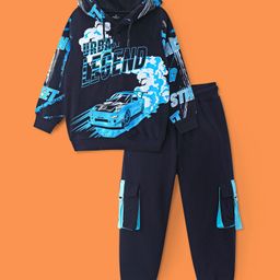 Ollington St. 100% Cotton Knit Full Sleeves Hooded Sweatshirt & Joggers Set With Car Print - Black & Blue-picture-48