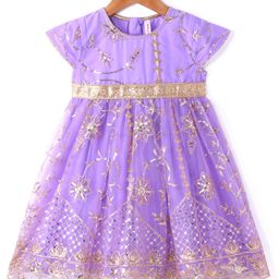 Babyhug Woven Short Sleeves Net Sequin Floral Embroidered Ethnic Dress -  Lavender-image-54