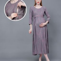 Dummy Shape Three Fourth Sleeves Maternity Flared Kurta With Nursing Access & Abstract Embroidered Attached Belt - Grey-picture-0
