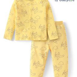 Babyoye Interlock knit Full Sleeves Night Suit With Airplane Print - Yellow-image-94