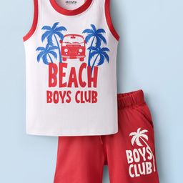 Honeyhap Premium100% Cotton Knit With Bio Finish Sleeveless Shorts Nightsuit with Beach Theme Print - Bright White & High Risk Red-image-93