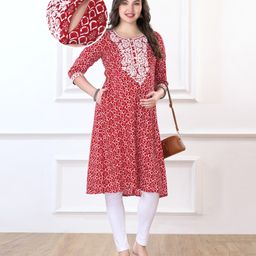 Bella Mama Woven Three Fourth Sleeves Maternity Kurta With Pocket Embrodiered Yoke And Floral Print - Red-image-68