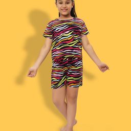 Ninos Dreams Cotton Knit Half Sleeves Abstract Striped Coordinating Tee & Shorts Set - Multi Colour-image-104