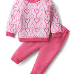 Babyhug Knitted Full Sleeves Sweater Set with Hearts Design - Dark Pink-image-48