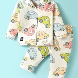 Enfance Core Cotton Woven Full Sleeves Cars Printed Coordinating Night Suit Set - White-image-39