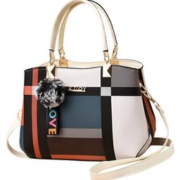 SYGA Women Colorblock Handbag with Dual Handles & Sling Strap Featuring LOVE Keychain & Faux Fur Charm(Beige)-picture-8