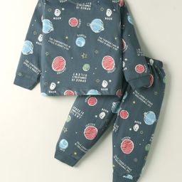 CUCUMBER Sinker Knit Full Sleeves Co-ords Night Suit with Space Theme Print - Charcoal Grey-picture-20