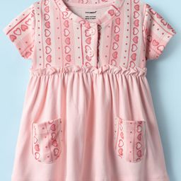 CUCUMBER Interlock Half Knit Sleeves Henley Neck Frock with Heart Print Pockets & Frill Detailing - Pink-image-42