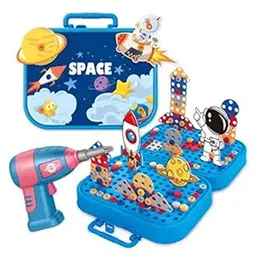Happy Hues Plastic DIY Electric Drill Screw Tool Set-Mosaic Puzzle 228Pcs- 3D Stem Educational Kit For Kids Construction And Building Block Kit -Space-picture-7