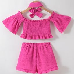 Kookie Kids Flutter Sleeves Solid Top & Shorts Set with Pleated Detailing - Fuchsia image 2