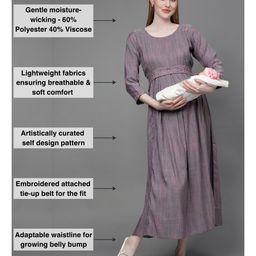 Dummy Shape Three Fourth Sleeves Maternity Flared Kurta With Nursing Access & Abstract Embroidered Attached Belt - Grey image 3