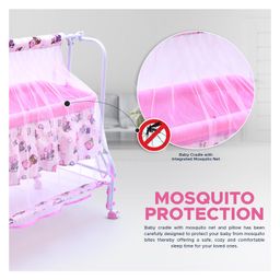 BUBBLEBABY Premium Cradle With Mosquito Net All 360° Rotating Wheels With Wheel Lock Storage Basket - WhitePink image 2