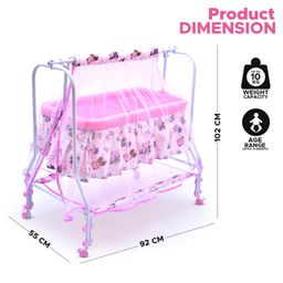 BUBBLEBABY Premium Cradle With Mosquito Net All 360° Rotating Wheels With Wheel Lock Storage Basket - WhitePink image 3
