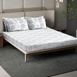 KLOTTHE Off White & Grey Floral 400 TC Pure Cotton Fitted Bedsheet with 4 Pillow Covers-image-28