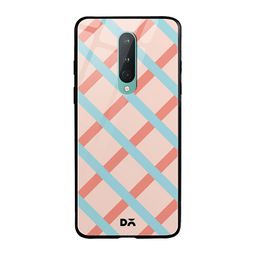 DailyObjects Peach-Coloured & Blue Pastel Diagonal Checks OnePlus 8 Glass Case image 1