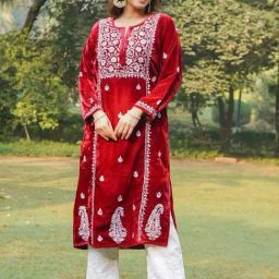 House of Kari Velvet Chikankari Long Kurta in Maroon-image-92