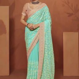 Satrani Mint Green & Peach Embroidered Saree With Unstitched Blouse-image-24