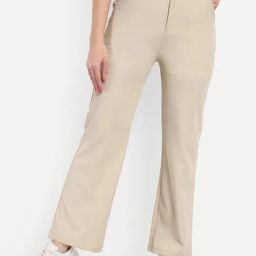 Broadstar Beige Cotton Straight Fit High Rise Trousers-image-96