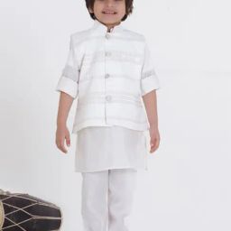 Ministitch Boys White Cotton Silk Jacquard Kurta Set-image-36