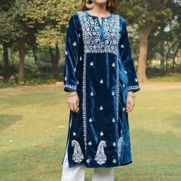 House of Kari Velvet Chikankari Long Kurta in Blue-image-1