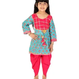 Ahhaaaa Kids Blue & Pink Cotton Floral Print Kurti Set-image-18