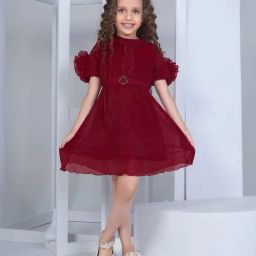 Peppermint Kids Maroon Textured Dress with Belt-image-79