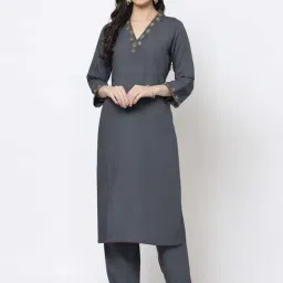 DART STUDIO Grey Linen Embroidered Straight Kurta-72
