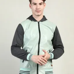 Chkokko Grey & Light Green Regular Fit Hooded Jacket-image-5