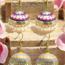 OOMPH Combo of 2 Meenakari Mint Green & Yellow Floral Jhumka Earrings For Women-18