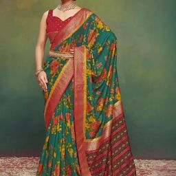 Satrani Green Silk Floral Print Saree With Unstitched Blouse-image-55