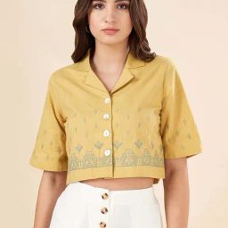 Akkriti by Pantaloons Yellow Embroidered Cropped Shirt-picture-19