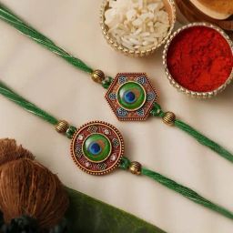 eCraftIndia Set of 2 Peacock Feather Rakhis for Brothers with Sibling Agreement & Roli Chawal Pack-image-92