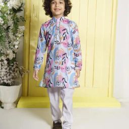 Ministitch Boys Blue Cotton Silk Floral Print Kurta Set-picture-25