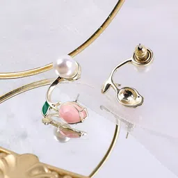 PolluxCraft Korean Gold-Plated Pearls Zircon Studded Contemporary Shaped Studs-7