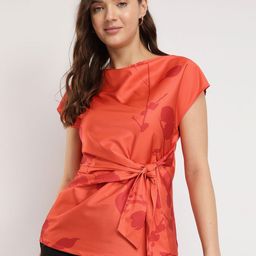 FableStreet Stretchable Satin Tie Up Top - Orange-image-54